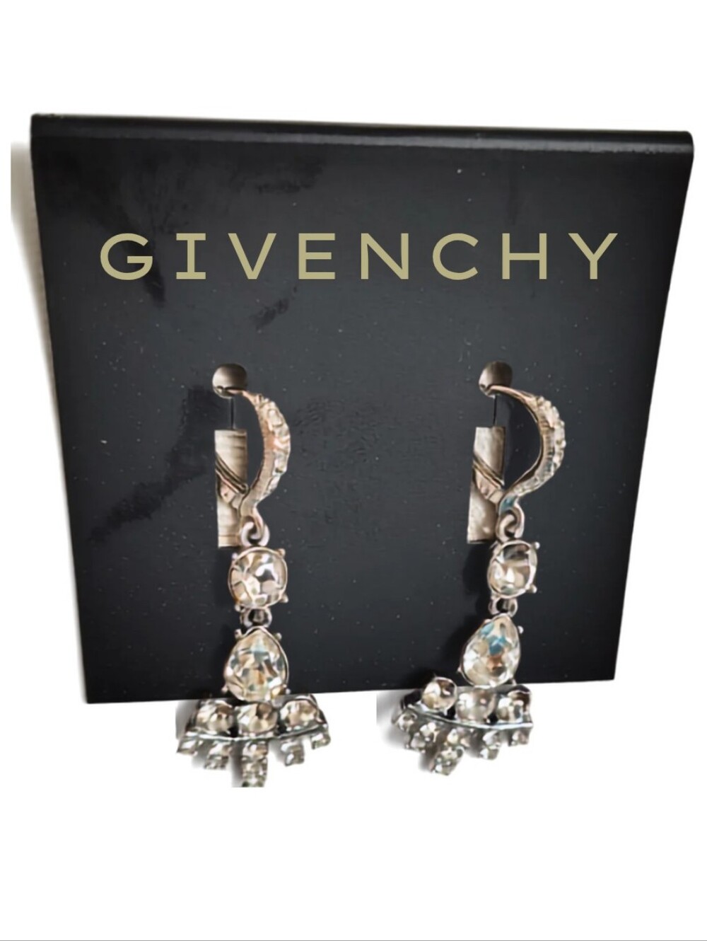 Givenchy Silver Tone Clear Crystal Double Drop Dangling Pierced Earrings New